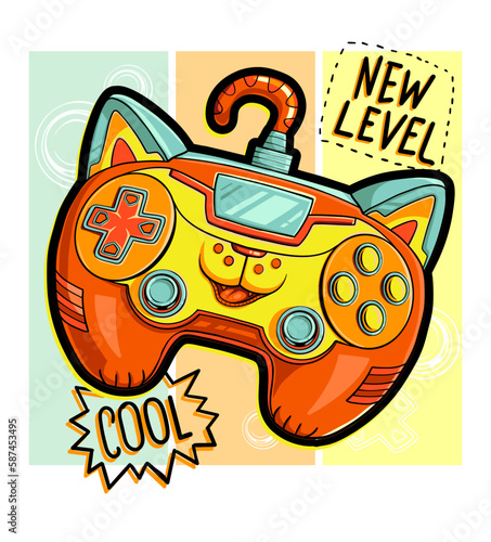 Cartoon gamepads tiger character. Cata gamepad illustration. Doodle game pad print. Tabby cat robot. Text New level, cool. Gaming art