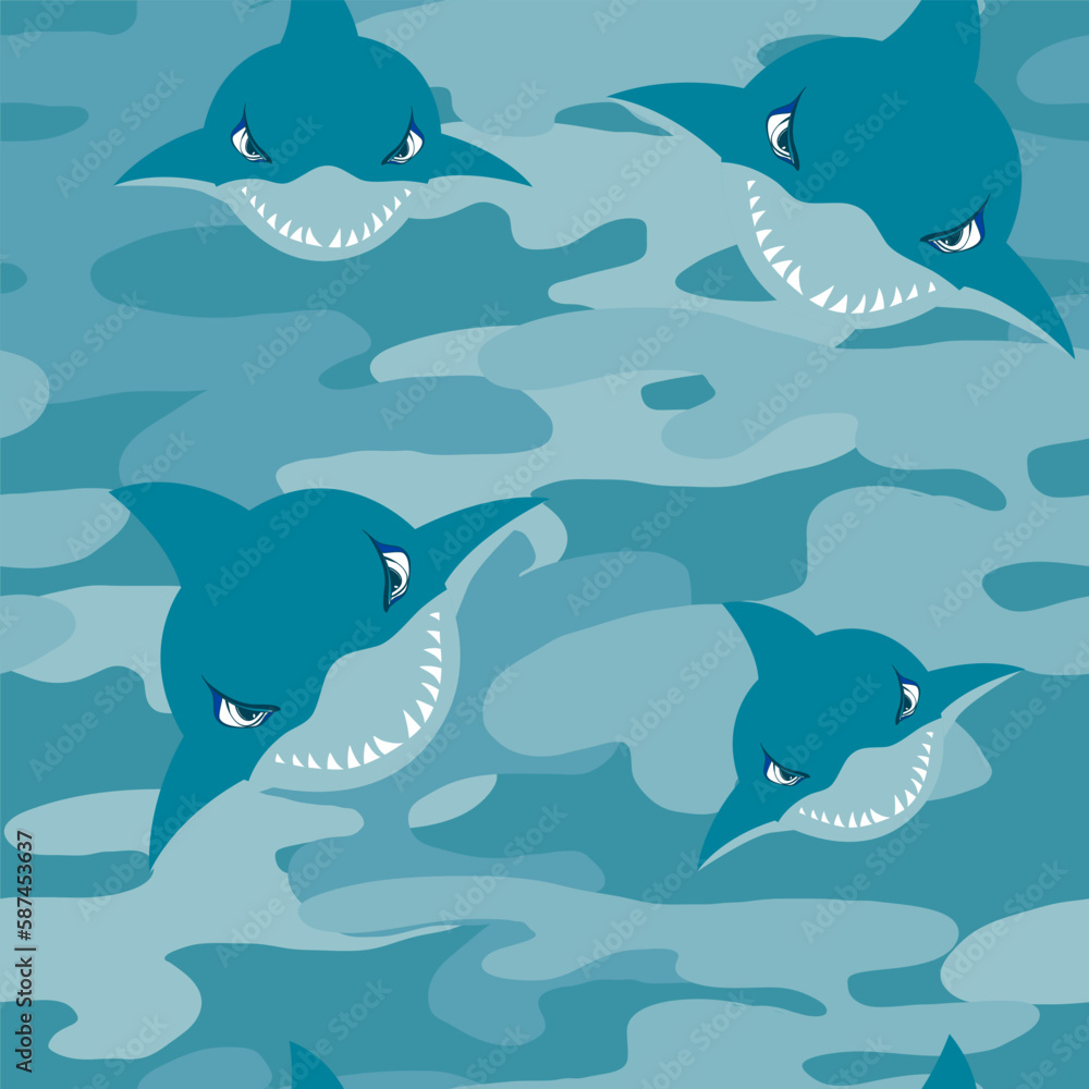 Naklejka premium Camouflage seamless pattern with cartoon shark. Evil dolphins repeat print. Big fish predator endless ornament.