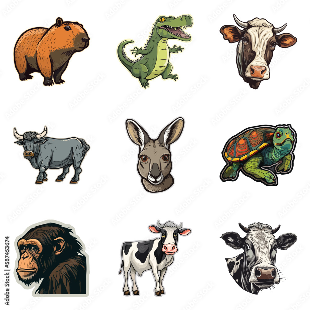 Fototapeta premium Animals Flat Icon Set Isolated On White Background