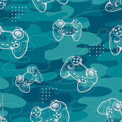 Linear gamepads seamless pattern on camouflage repeat background. Camo ornament. Gamepad repeated print. Game over gaming wall