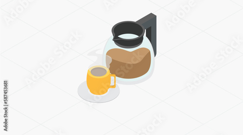 Isometric Cup of Coffee with Coffee Pot that are customizable with layers. Illustration of Cup of Coffee with Coffee Pot. Change/Remove the steam from the coffee through layers panel.