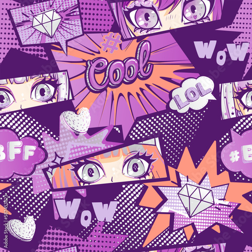 Abstract seamless anime girl pattern. Girlish Eyes repeat ornament. Manga girls illustration on comics background with speech cloud, hashtag, text Cool, lol, write. Asian beauty face endless print