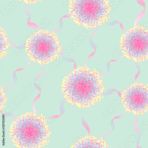 Abstract seamless pattern with dandelion on blue background. Tender floral ornament. Flowers repeat print for wrapping paper. Pink florals endless print for fashion textile. Fluffy rounds cover wall