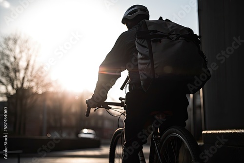 An inspiring photo of a man delivering food on a bicycle, emphasizing the health and environmental benefits of this eco-friendly mode of transport. © NikoG