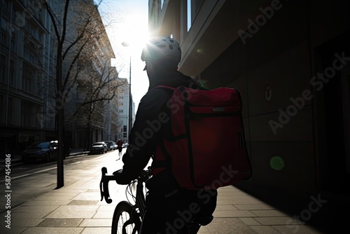 A dynamic photo of a man cycling through the city, delivering food to customers with speed and efficiency. © NikoG