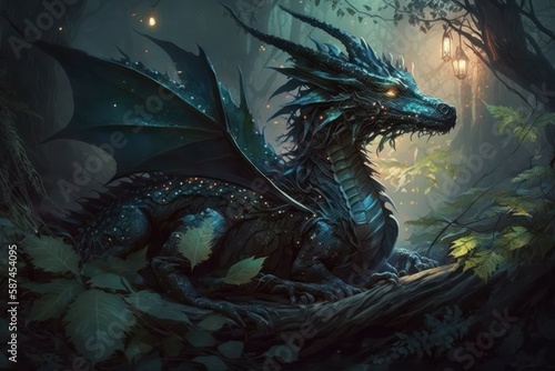 Beautiful dragon in the night forest, selective focus. AI generated, human enhanced © top images