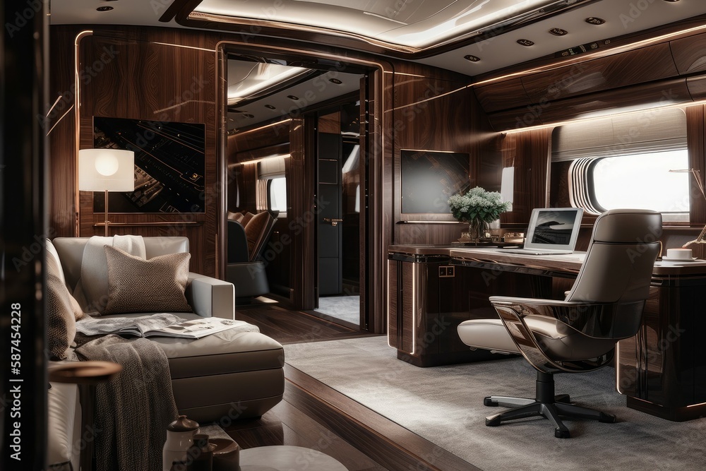 Luxury interior in the modern business jet. Travel concept. AI generated, human enhanced Luxury interior in the modern business jet. Travel concept. AI generated, human enhanced