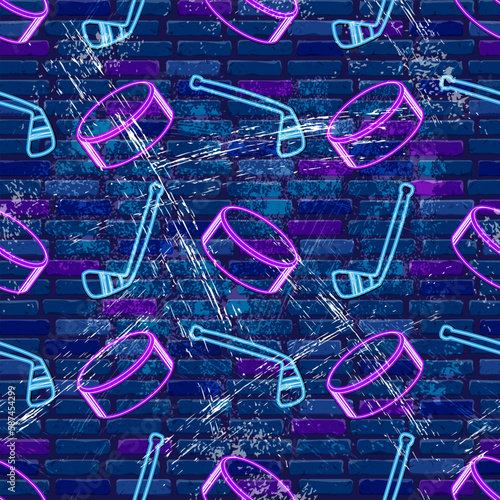 Brick texture in blue color. Hockey seamless pattern. Hockey neon sticks and pucks. Vector illustration.