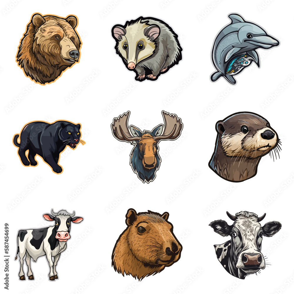 Obraz premium Animals Flat Icon Set Isolated On White Background