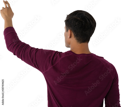Businessman touching invisible imaginary screen