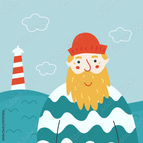 Vector flat illustration with smiling sailor with beard, red knitted hat and striped sweater. Male character with sea waves and a lighthouse on background.