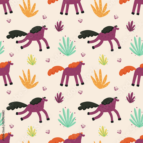 Seamless vector pattern with cute purple horses. Modern design for fabric and paper, surface textures.   © mashasalut