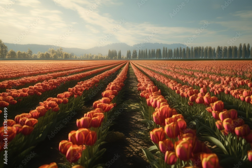 Field with blooming tulips, spring landscape. AI generated, human enhanced