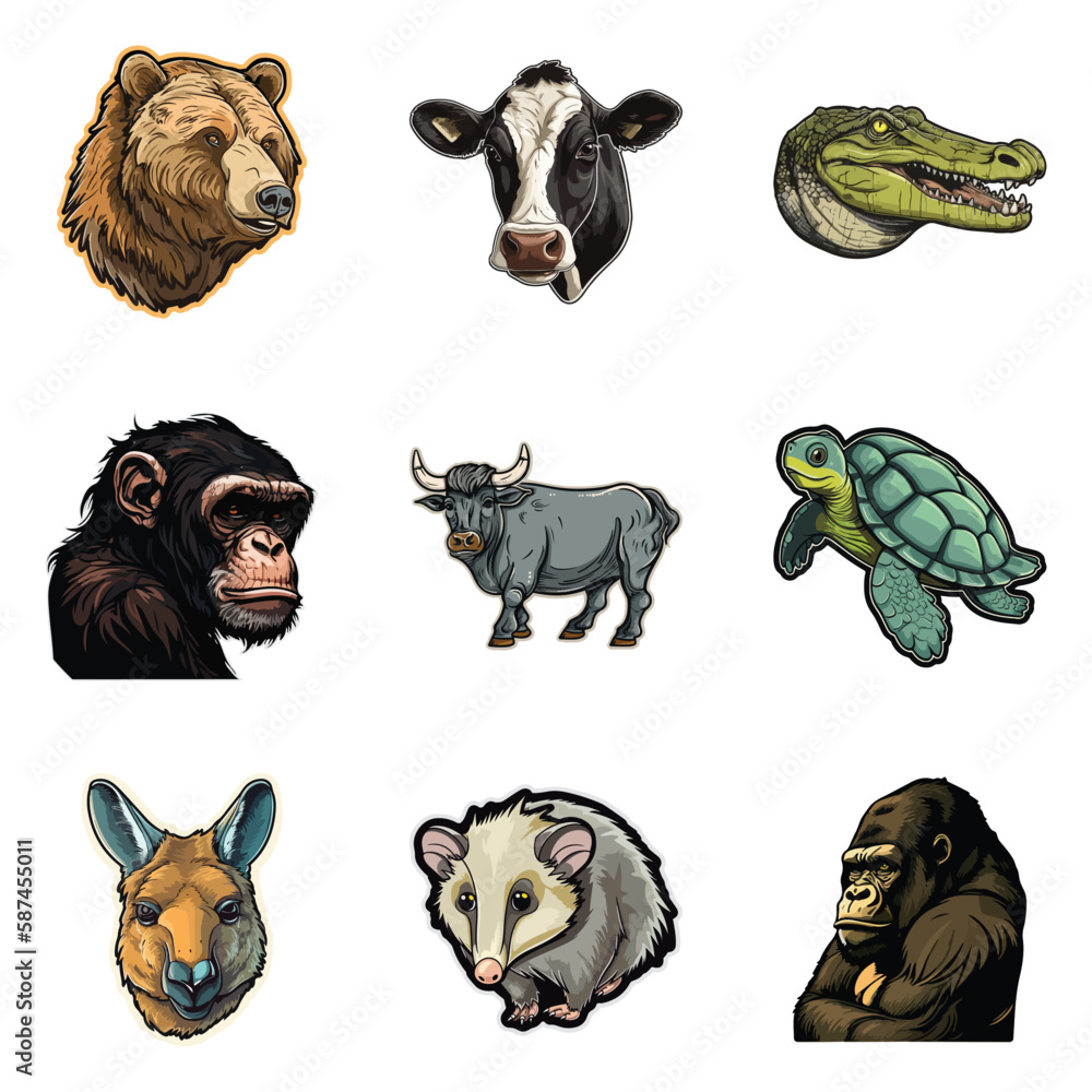 Naklejka premium Animals Flat Icon Set Isolated On White Background