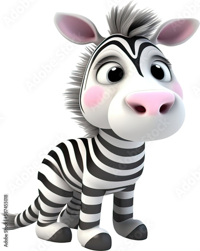 3D cute Zebra cartoon wild animal. transparent background  PNG. Generative AI