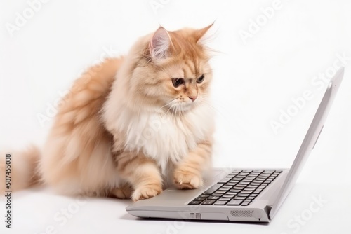 fluffy ginger cat works on a laptop, looks at the monitor. Paws on the keyboard. Freelance cat. Online shopping, work from home and freelance concept. generative AI