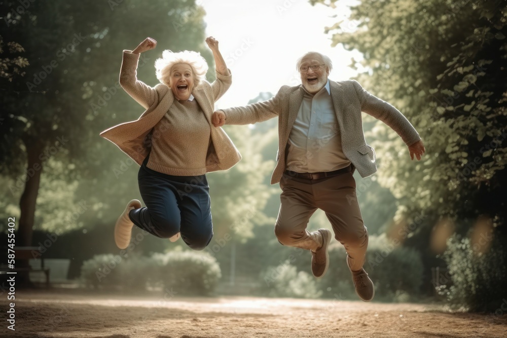 Grandpa and grandma are jumping for joy. Leisure of happy energetic pensioners. AI generated, human enhanced - obrazy, fototapety, plakaty 
