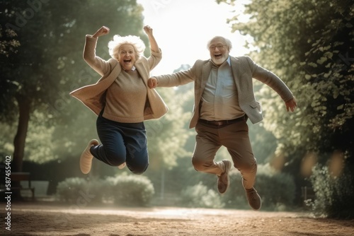 Grandpa and grandma are jumping for joy. Leisure of happy energetic pensioners. AI generated, human enhanced photo