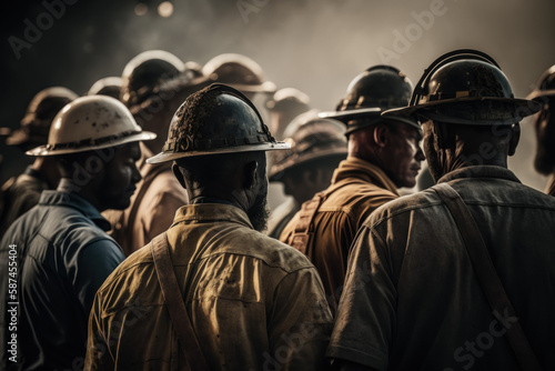 Crowd or group of miners in helmets, back view. AI generated, human enhanced © top images