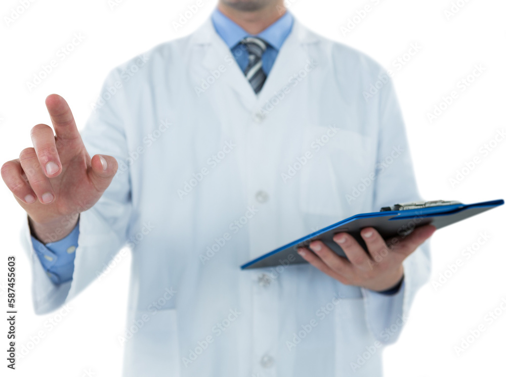 Doctor holding clipboard while touching transparent interface Doctor holding clipboard while touching transparent interface