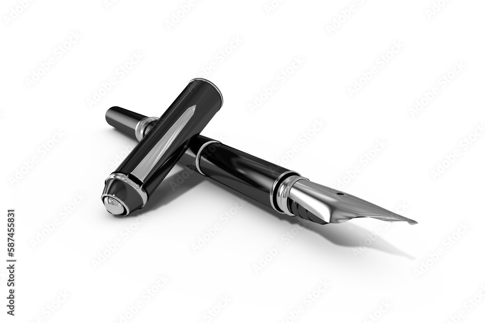 Obraz premium Metallic black fountain pen against white background