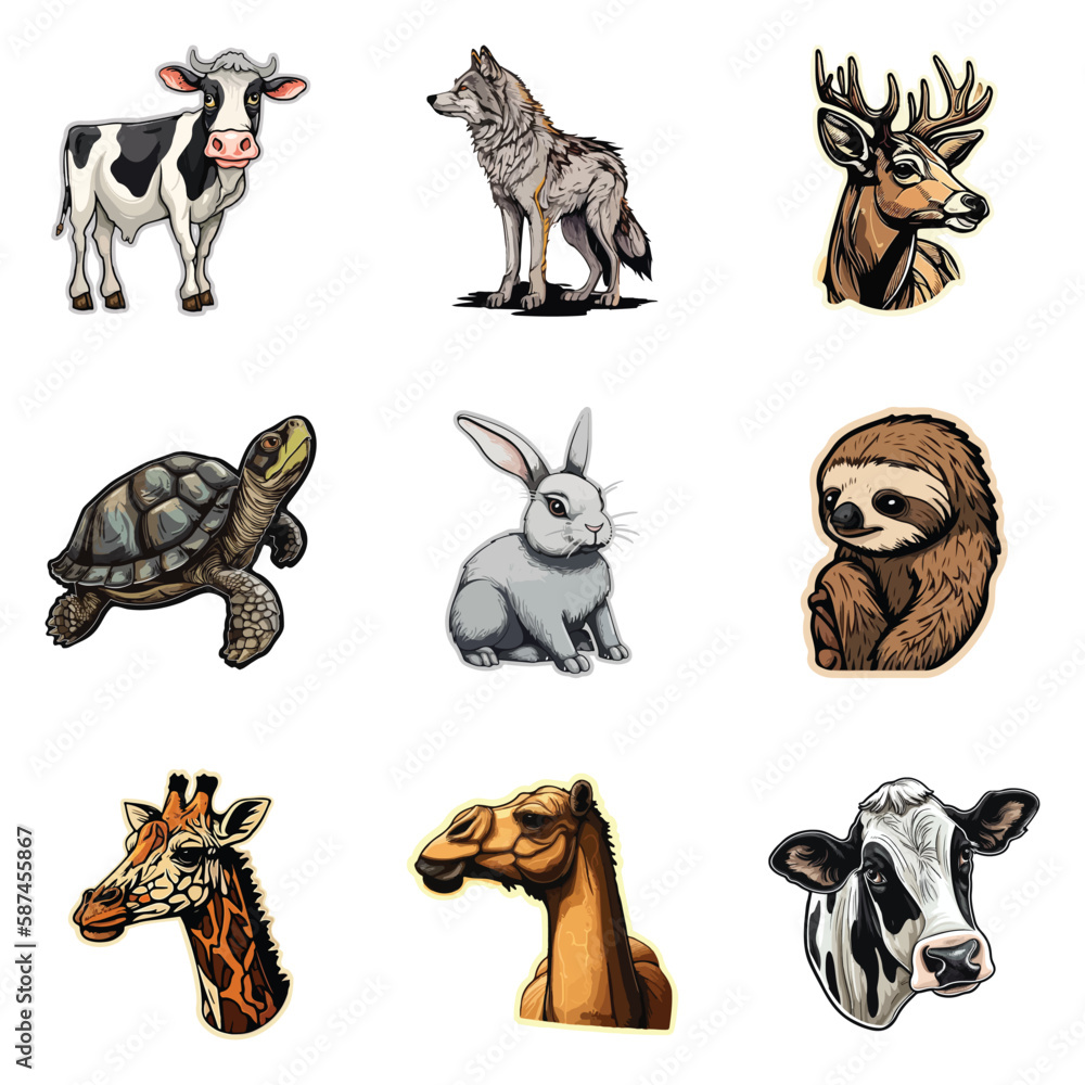 Obraz premium Animals Flat Icon Set Isolated On White Background
