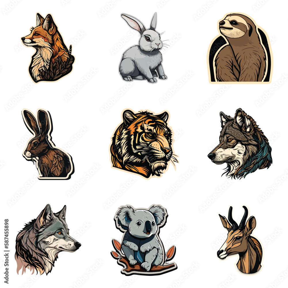 Obraz premium Animals Flat Icon Set Isolated On White Background