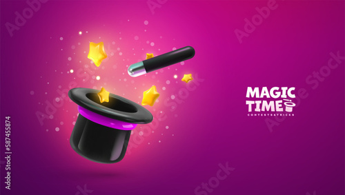 Magic wand and hat with lightning sparkles and stars floating on purple background vector illustration. Wizard tool, magic stick with spell.