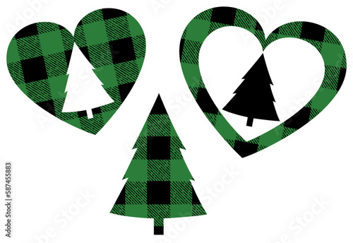 A set of trees and hearts in lumberjack plaid pattern
