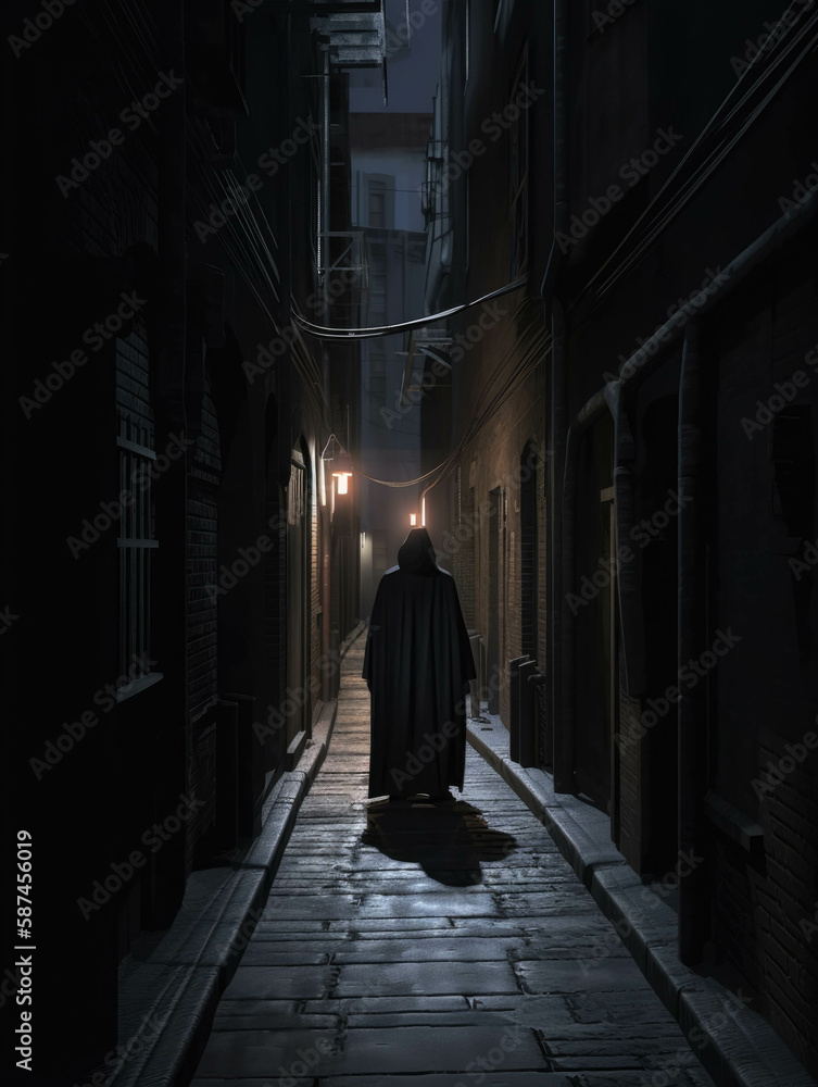 An alleyway shrouded in midnight black a robed figure hunched nearby. Gothic art. AI generation.