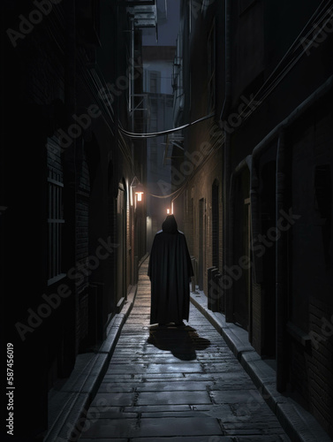 An alleyway shrouded in midnight black a robed figure hunched nearby. Gothic art. AI generation.