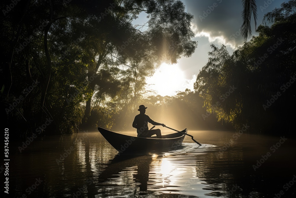 A powerful photo of a man on a boat, journeying through the heart of the Amazon, with the sun shining down and the jungle alive with the sounds of wildlife.
A powerful photo of a man on a boat, journeying through the heart of the Amazon, with the sun shining down and the jungle alive with the sounds of wildlife.