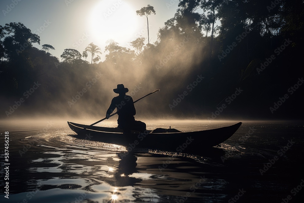 A powerful photo of a man on a boat, journeying through the heart of the Amazon, with the sun shining down and the jungle alive with the sounds of wildlife.
