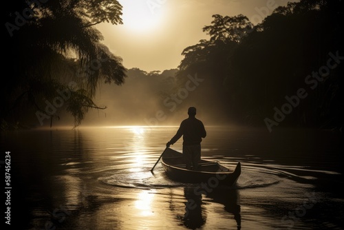 A powerful photo of a man on a boat  journeying through the heart of the Amazon  with the sun shining down and the jungle alive with the sounds of wildlife. 