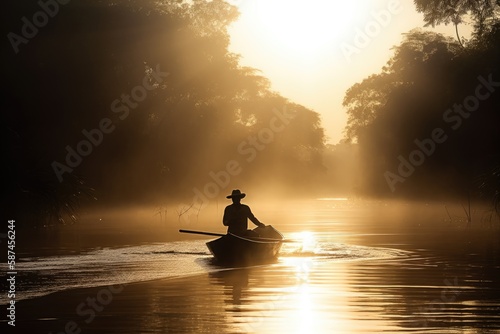 A powerful photo of a man on a boat, journeying through the heart of the Amazon, with the sun shining down and the jungle alive with the sounds of wildlife. 