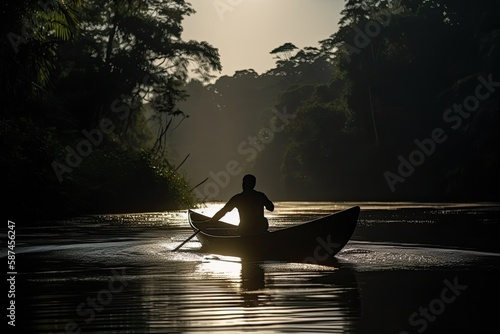 A powerful photo of a man on a boat, journeying through the heart of the Amazon, with the sun shining down and the jungle alive with the sounds of wildlife. 