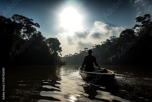 A striking photo of a man on a boat, moving through the Amazon jungle in search of exotic wildlife, with the sunlight illuminating the dense foliage all around.