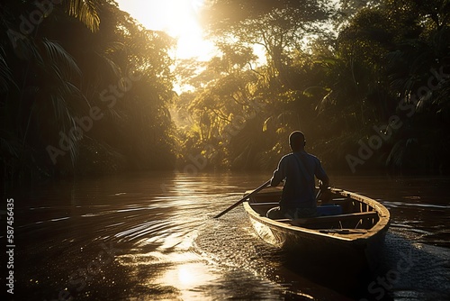A striking photo of a man on a boat, moving through the Amazon jungle in search of exotic wildlife, with the sunlight illuminating the dense foliage all around.
