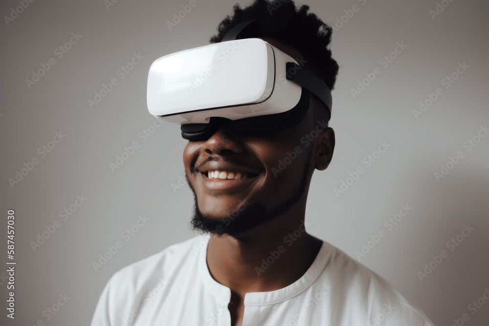 Happy young man using virtual reality glasses Generative AI Happy young man using virtual reality glasses Generative AI