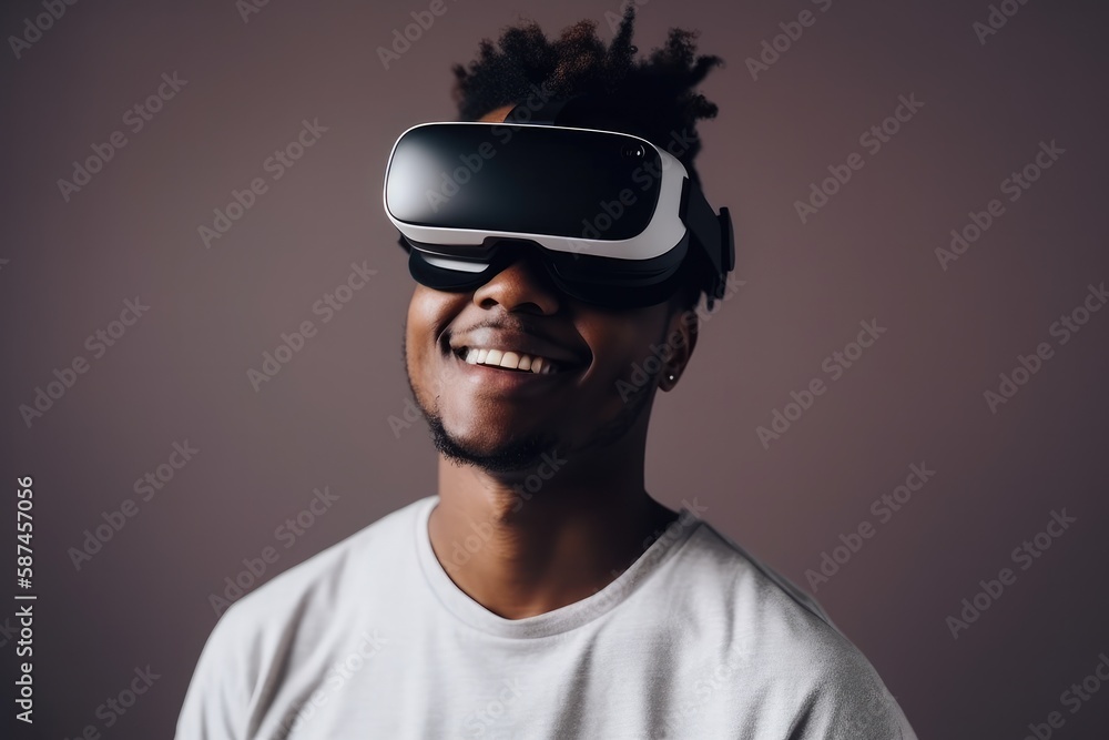 Happy young man using virtual reality glasses Generative AI Happy young man using virtual reality glasses Generative AI