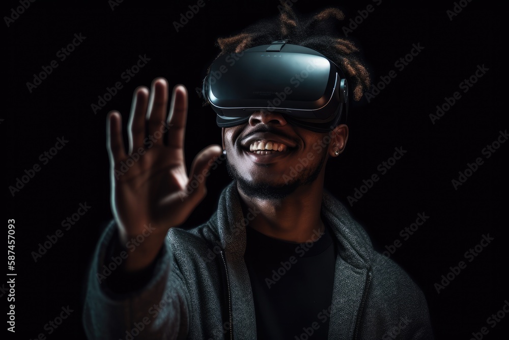 Happy young man using virtual reality glasses Generative AI Happy young man using virtual reality glasses Generative AI