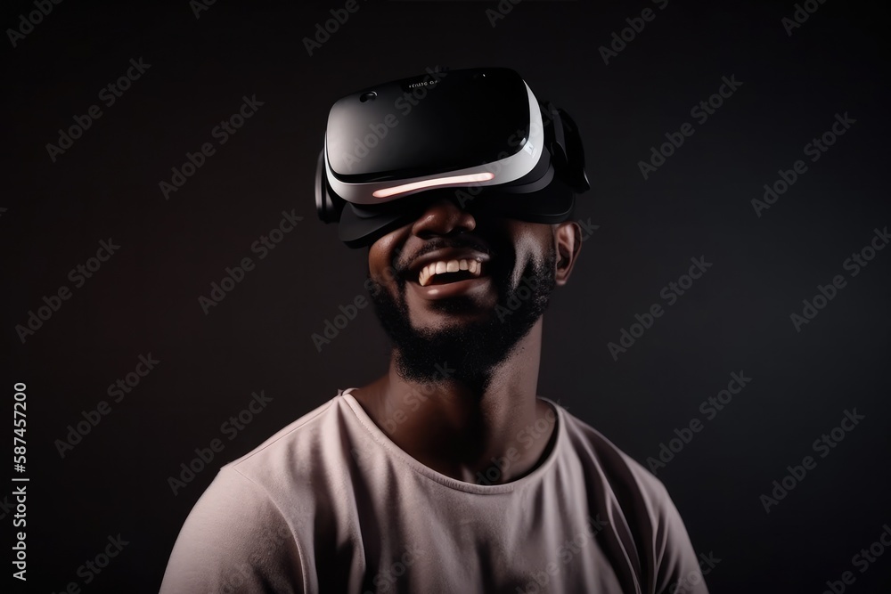 Happy young man using virtual reality glasses Generative AI Happy young man using virtual reality glasses Generative AI
