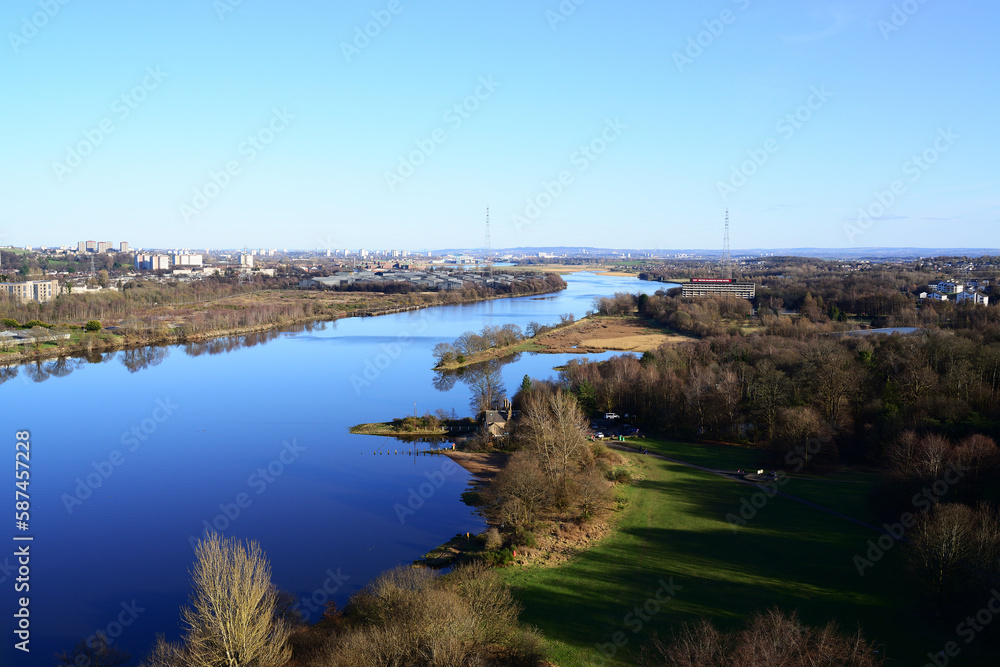 View east from the Erskine Bridge along the River Clyde towards Glasgow, Scotland