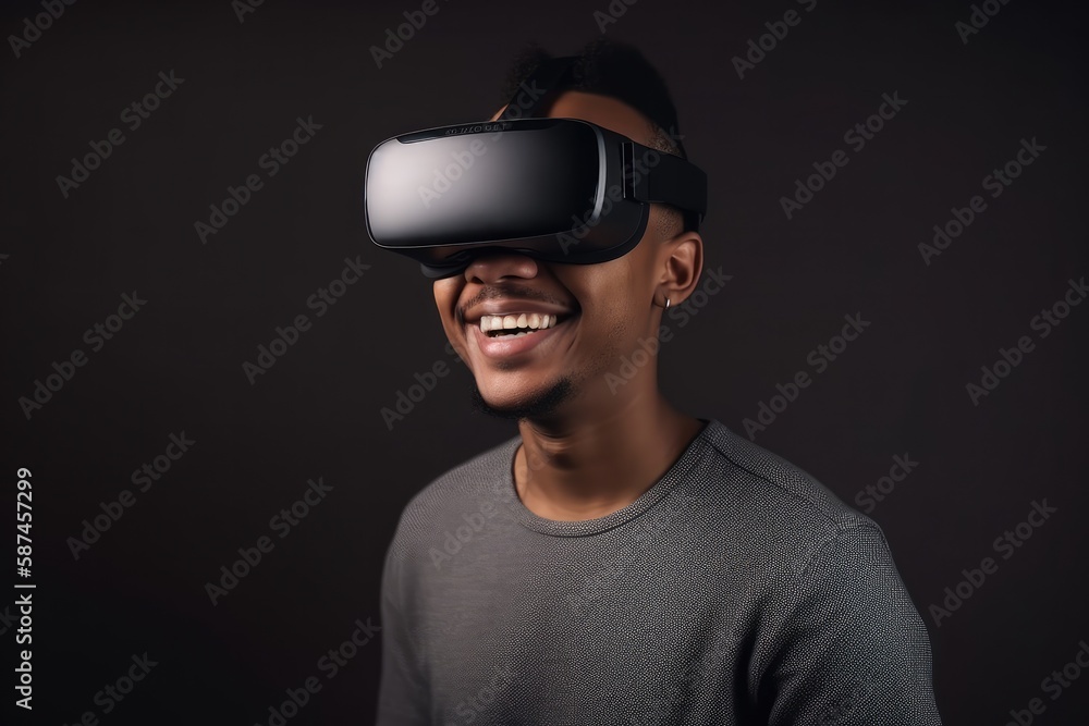 Happy young man using virtual reality glasses Generative AI Happy young man using virtual reality glasses Generative AI