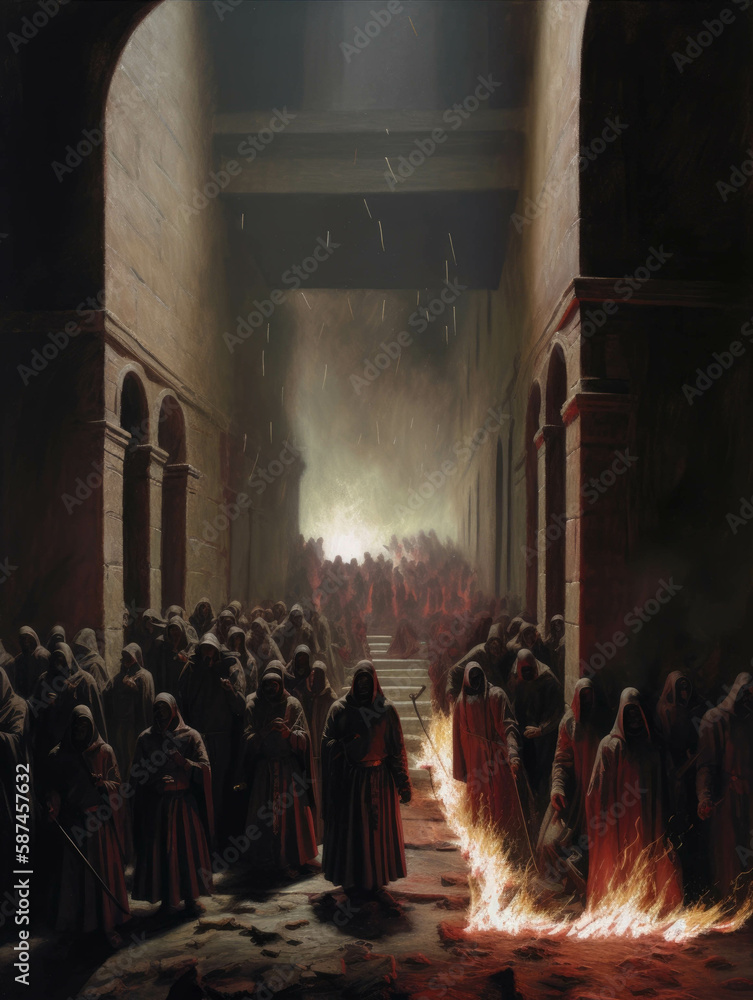 A conclave surrounded by flickering torches meet in a stone chamber their words stifled by the thick smoke.. AI generation. A conclave surrounded by flickering torches meet in a stone chamber their words stifled by the thick smoke.. AI generation.