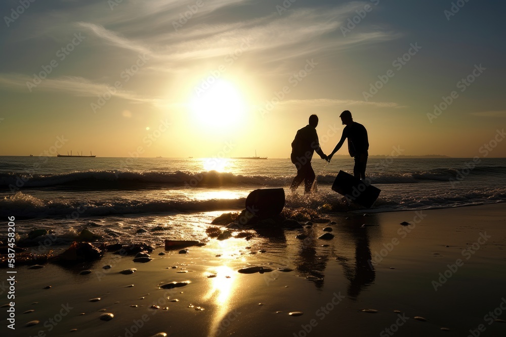 Fototapeta premium A powerful photo of two volunteers working tirelessly to clean up a polluted beach, with the silhouetted figure demonstrating the passion and commitment needed to make a difference.
