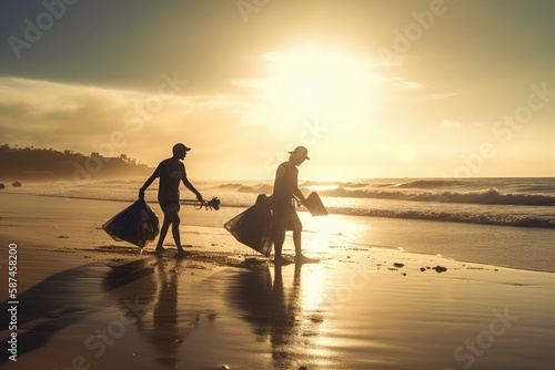 A powerful photo of two volunteers working tirelessly to clean up a polluted beach  with the silhouetted figure demonstrating the passion and commitment needed to make a difference.