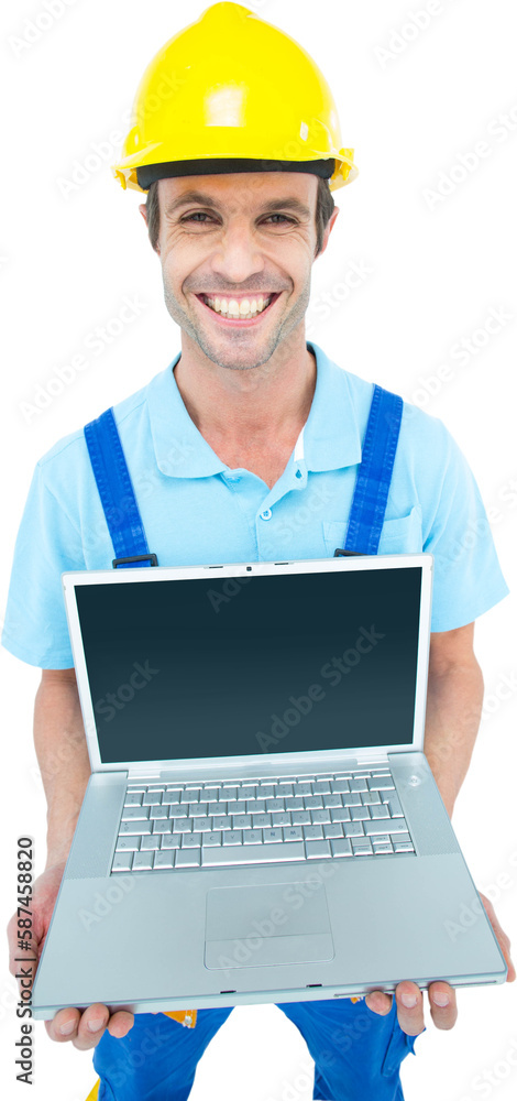 Happy repairman wearing hard hat while holding laptop Happy repairman wearing hard hat while holding laptop