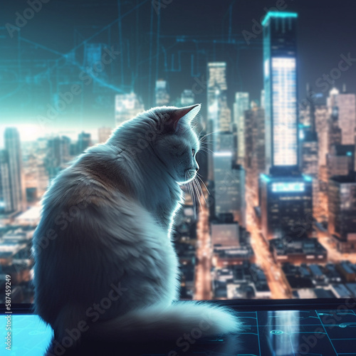 近未来な夜の街を見下ろす猫｜Cat looking down on the city at night in the near future｜Generative AI