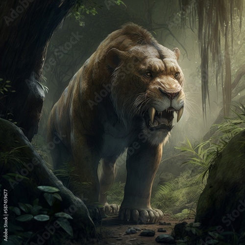 A centered shot of a sabre toothed cat in Jungle ai generative illustration © ME_Photography